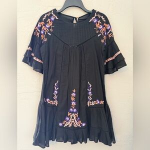 NWT Free People Black Tunic with Purple & Peach Floral EmbroiderySz M